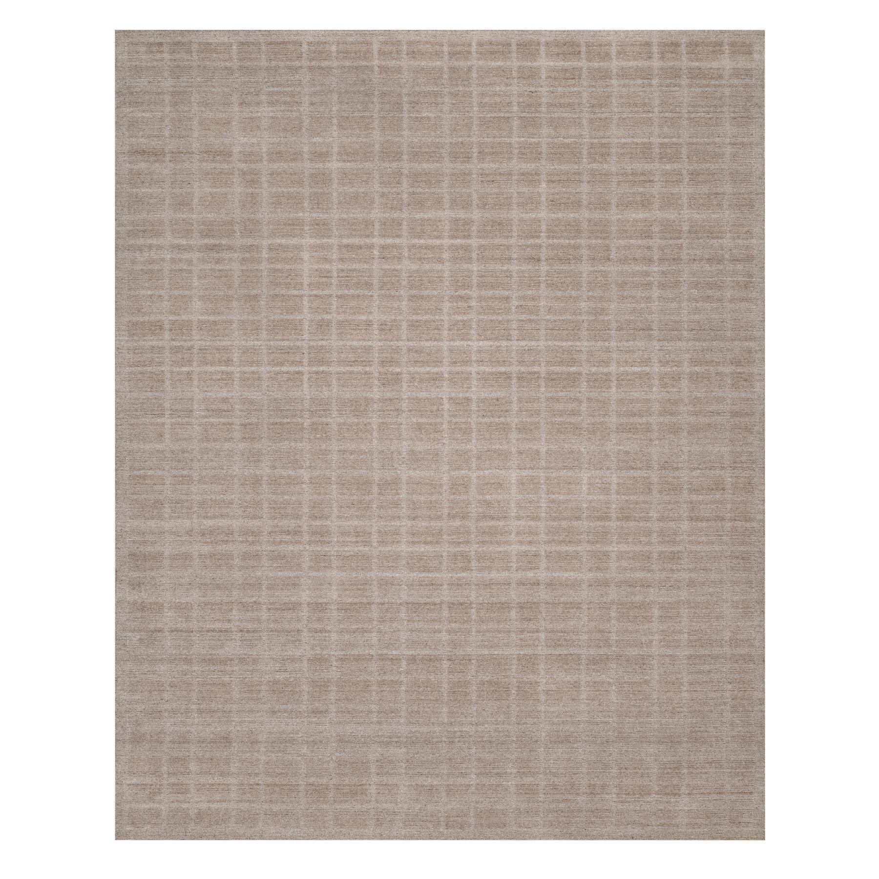 8'2"x9'10" Beaver Brown, Hand Loomed, Modern Grid Pattern, Natural Wool, Thick and Plush, Soft Pile, Oriental Rug 
